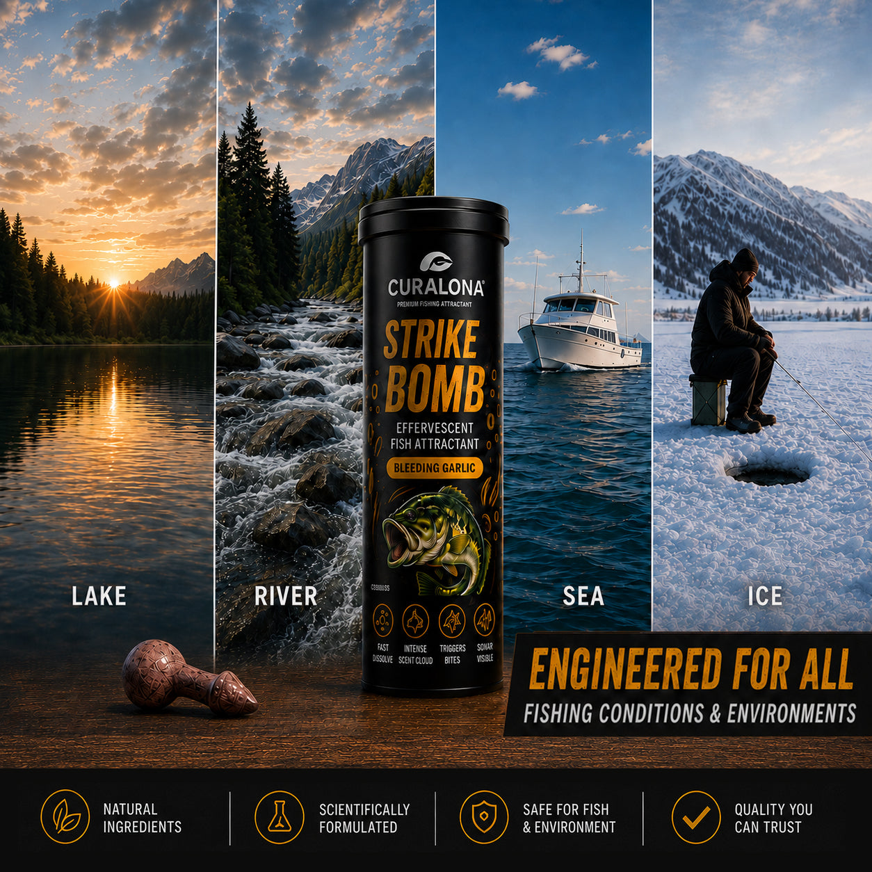 🔥Last Day 75% OFF🔥 |✅Curalona® Strike Bombs — New Freshwater & Saltwater Fizzing Bait Booster with Scent & Color-Cloud Action