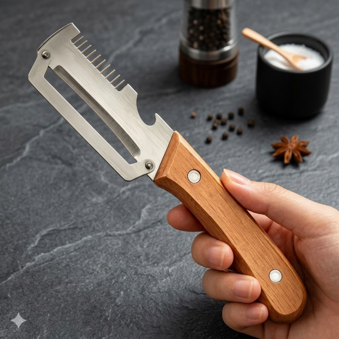 2-in-1 Stainless Steel Vegetable Peeler with Wooden Handle & Bottle Opener