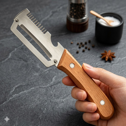 2-in-1 Stainless Steel Vegetable Peeler with Wooden Handle & Bottle Opener