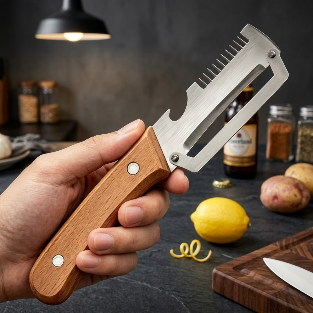 2-in-1 Stainless Steel Vegetable Peeler with Wooden Handle & Bottle Opener