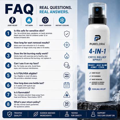 🛡️【Trusted Wellness Formula】PURELORA® 4-in-1 Body Spray — Joint Relief · Fat Burn · Wart Remover · Instant Cooling Mist | Menthol + Salicylic Acid + Caffeine + Tea Tree + Berberine