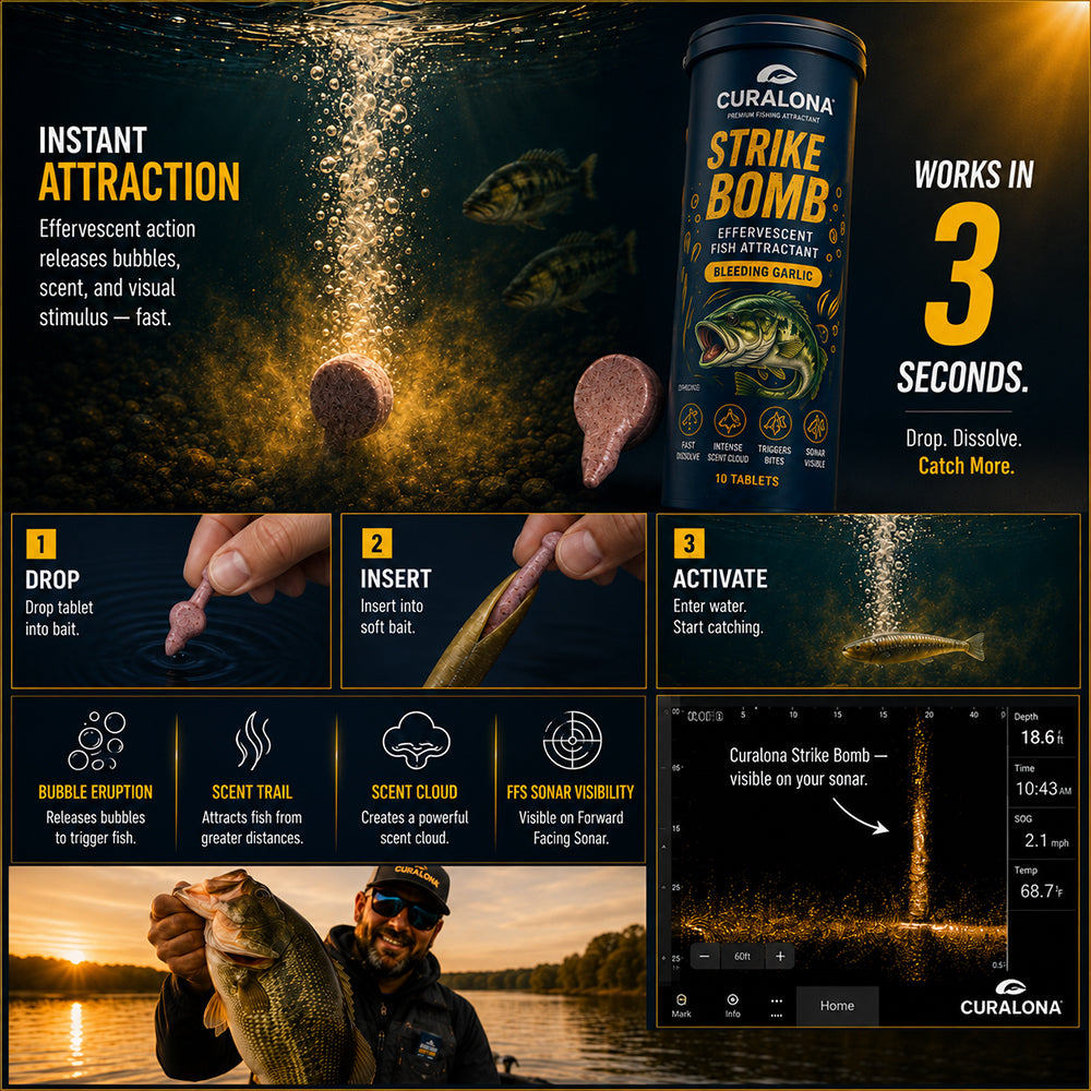 🔥Last Day 75% OFF🔥 |✅Curalona® Strike Bombs — New Freshwater & Saltwater Fizzing Bait Booster with Scent & Color-Cloud Action