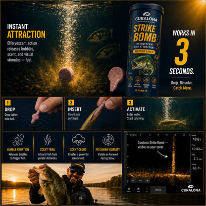 🔥Last Day 75% OFF🔥 |✅Curalona® Strike Bombs — New Freshwater & Saltwater Fizzing Bait Booster with Scent & Color-Cloud Action