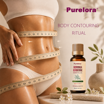 PURELORA® Botanical Sculpting & Firming Oil — A warming massage oil that soothes the abdomen, relieves bloating, and leaves the skin looking firmer.