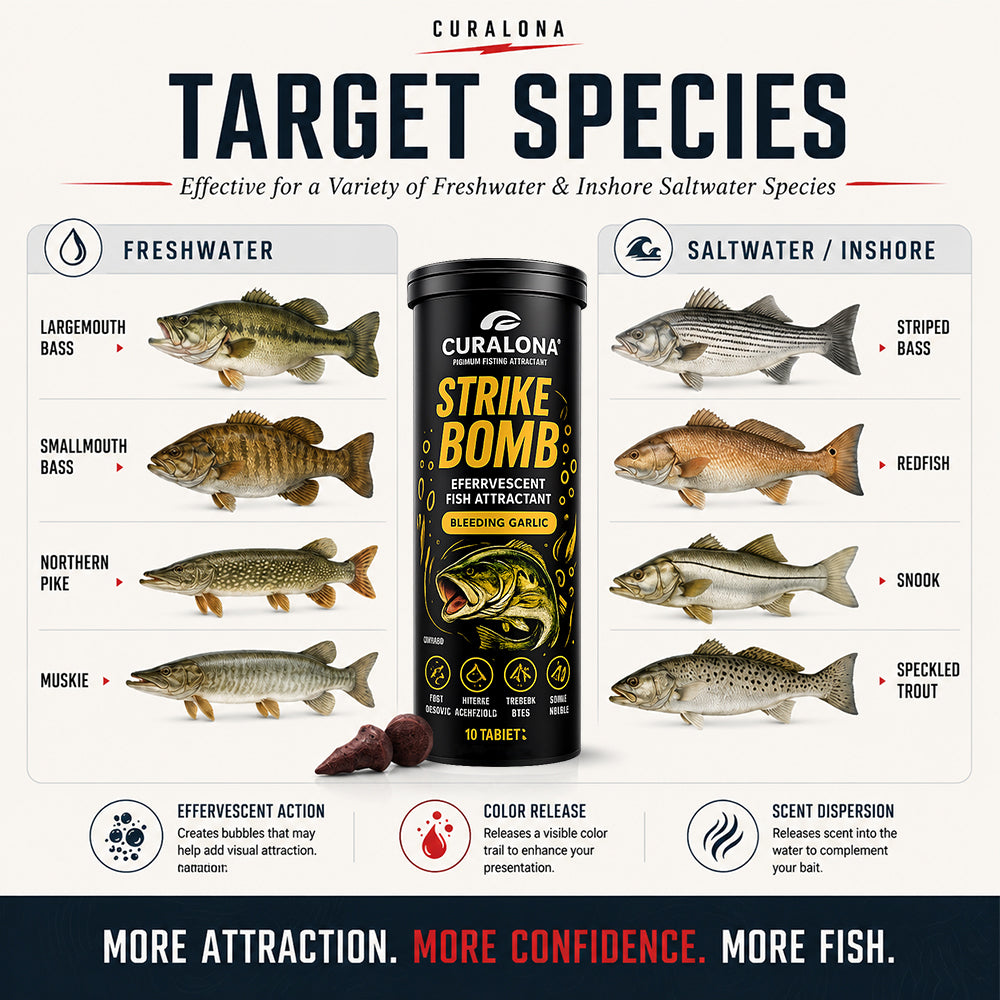 🔥Last Day 75% OFF🔥 |✅Curalona® Strike Bombs — New Freshwater & Saltwater Fizzing Bait Booster with Scent & Color-Cloud Action