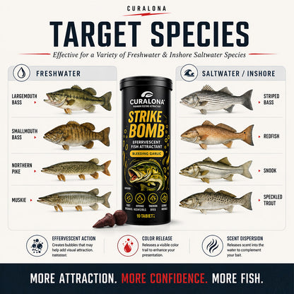 🔥Last Day 75% OFF🔥 |✅Curalona® Strike Bombs — New Freshwater & Saltwater Fizzing Bait Booster with Scent & Color-Cloud Action
