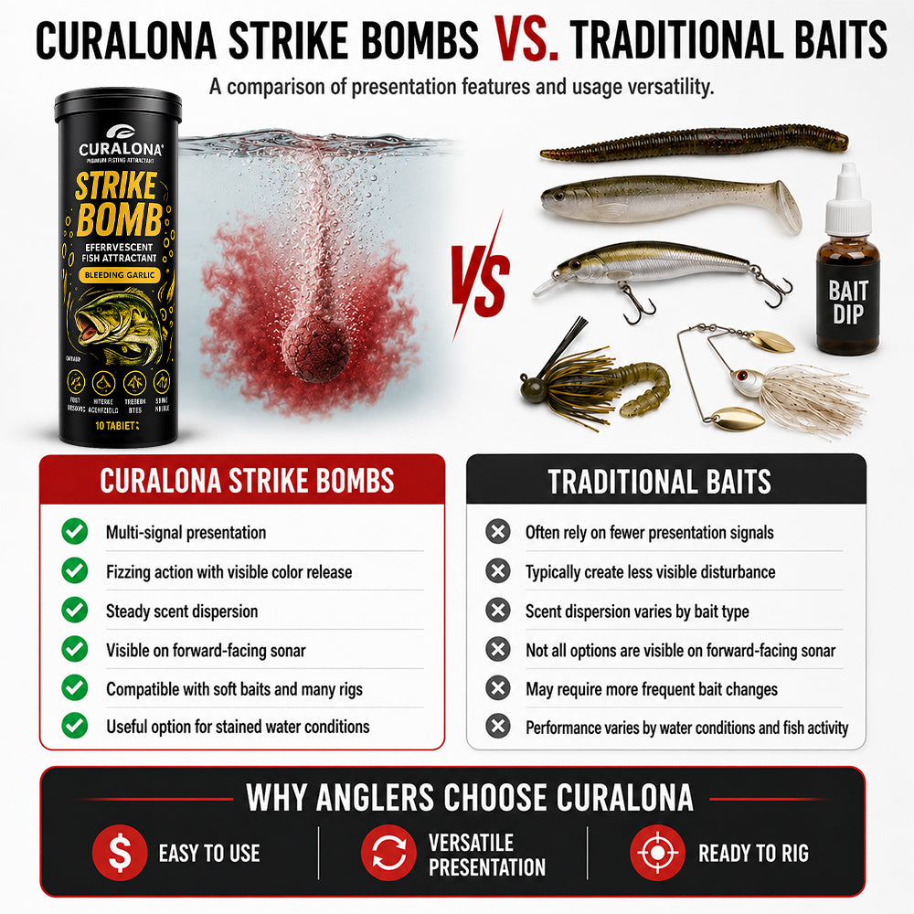 🔥Last Day 75% OFF🔥 |✅Curalona® Strike Bombs — New Freshwater & Saltwater Fizzing Bait Booster with Scent & Color-Cloud Action