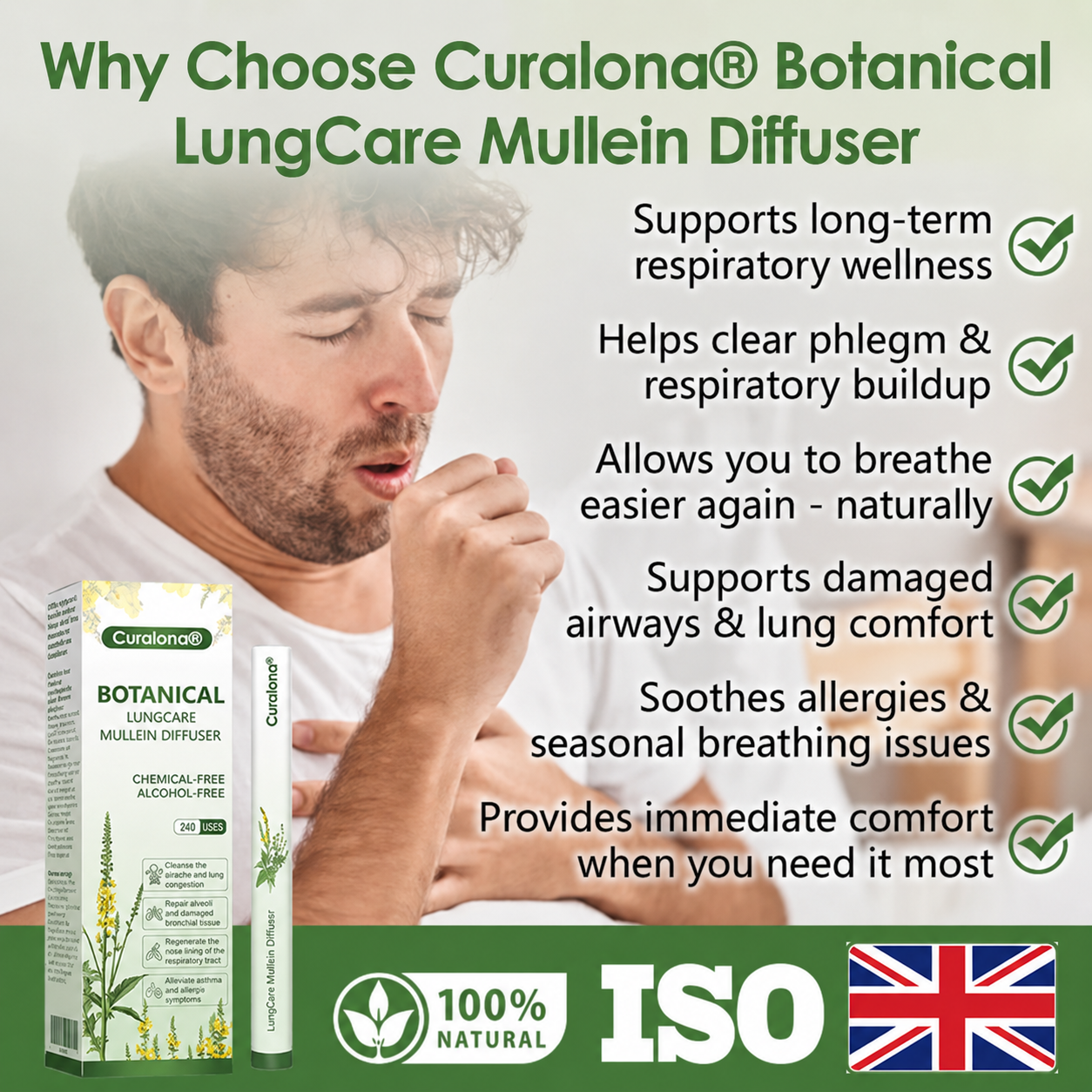 Curalona® Botanical LungCare Mullein Diffuser — Fast, Gentle Breathing Support for Cough, Phlegm & Chest Tightness