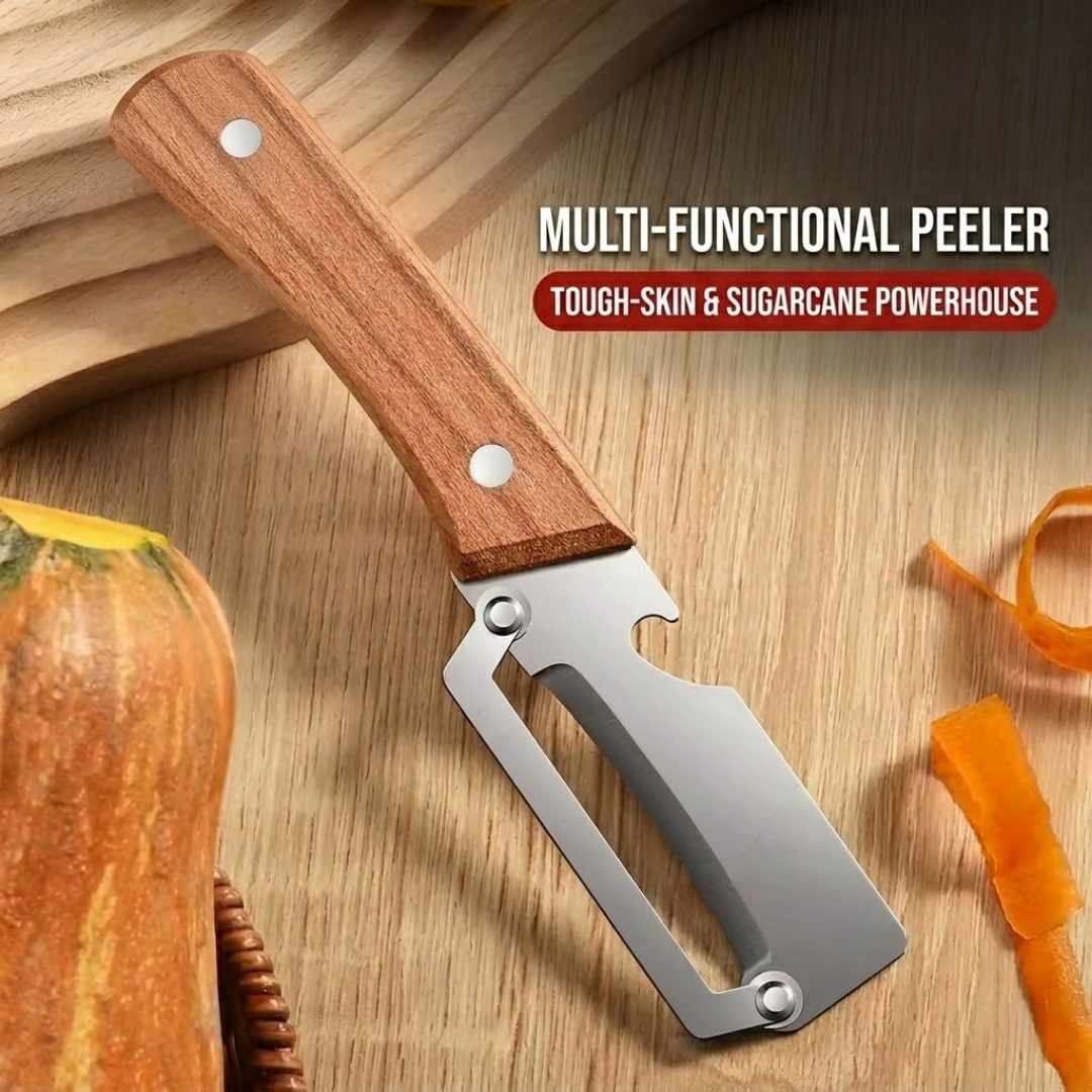 2-in-1 Stainless Steel Vegetable Peeler with Wooden Handle & Bottle Opener