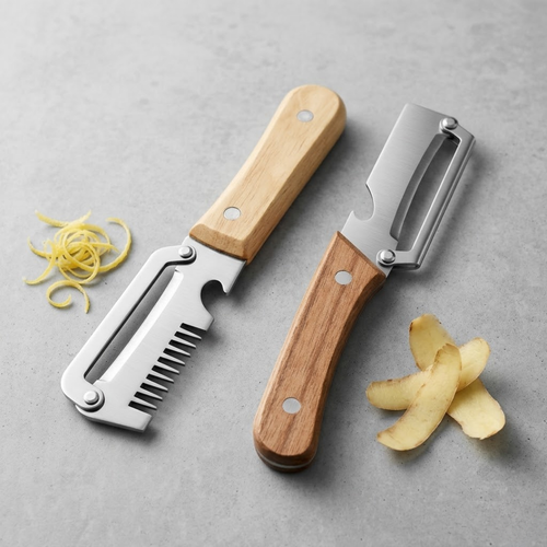 2-in-1 Stainless Steel Vegetable Peeler with Wooden Handle & Bottle Opener